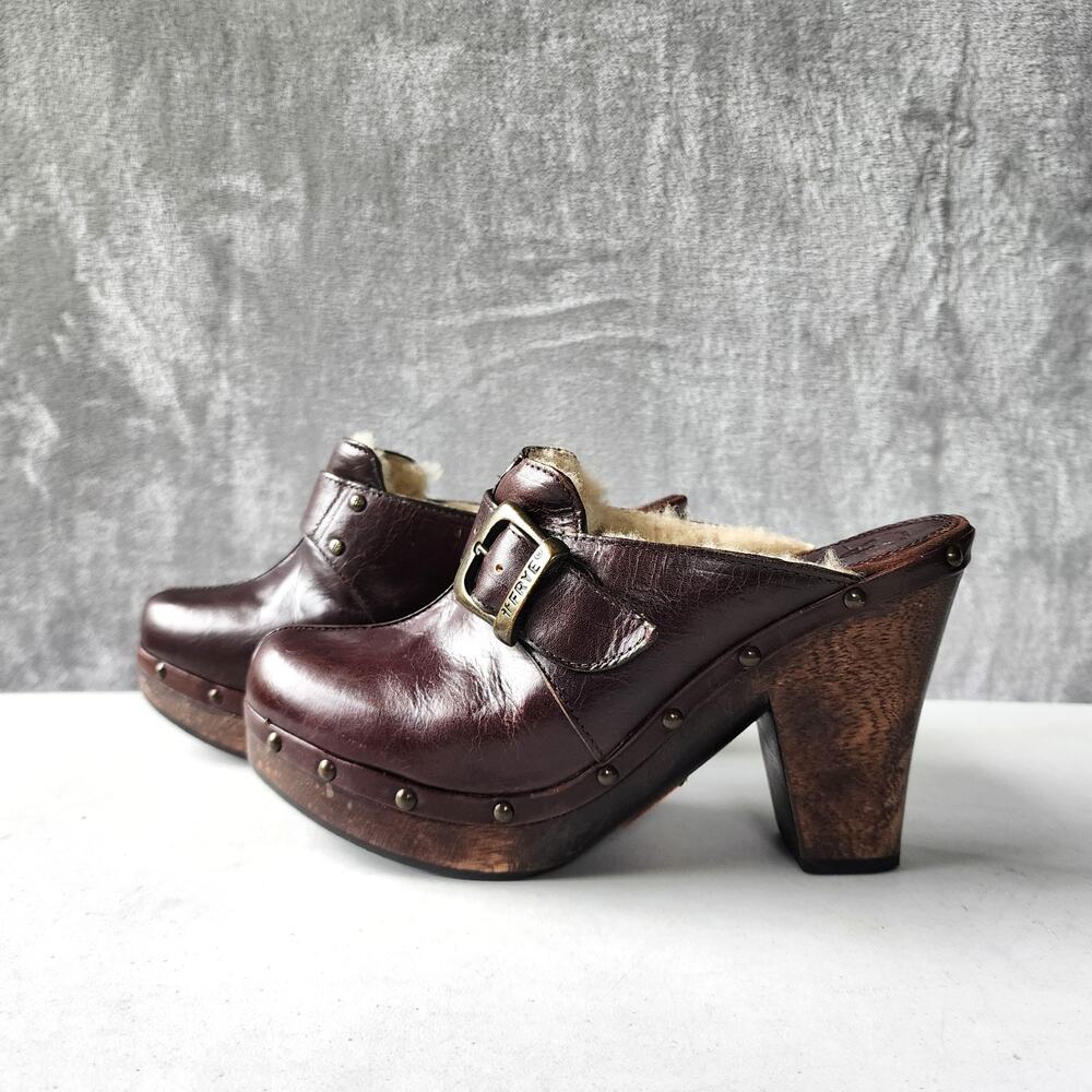 Frye Burgundy Leather Shearling-Lined Clogs with Wood Heel